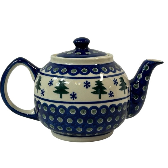 Boleslawiec Polish Pottery Teapot with Lid Pine Trees Snowflakes Poland EUC - Picture 1 of 10